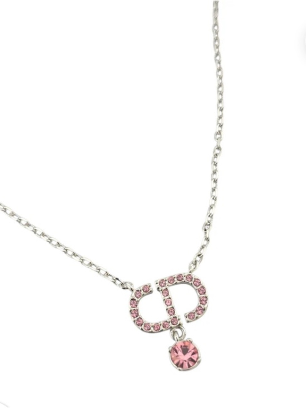 Dior Silver-Tone Necklace with Pink Crystal Logo Drop